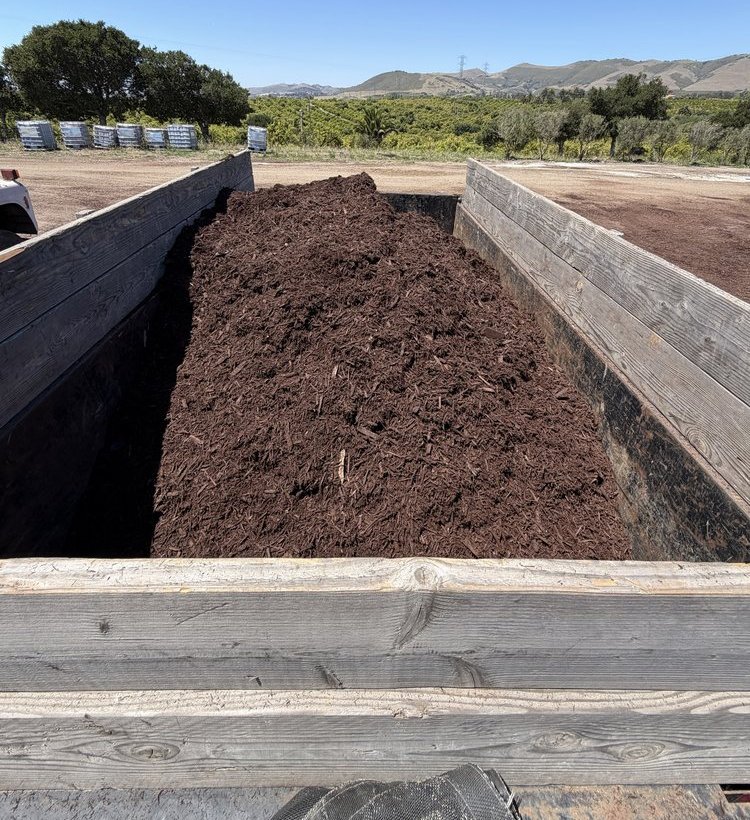 Wooden-sided dump trailer filled with brown bark mulch, green hills and blue sky behind
