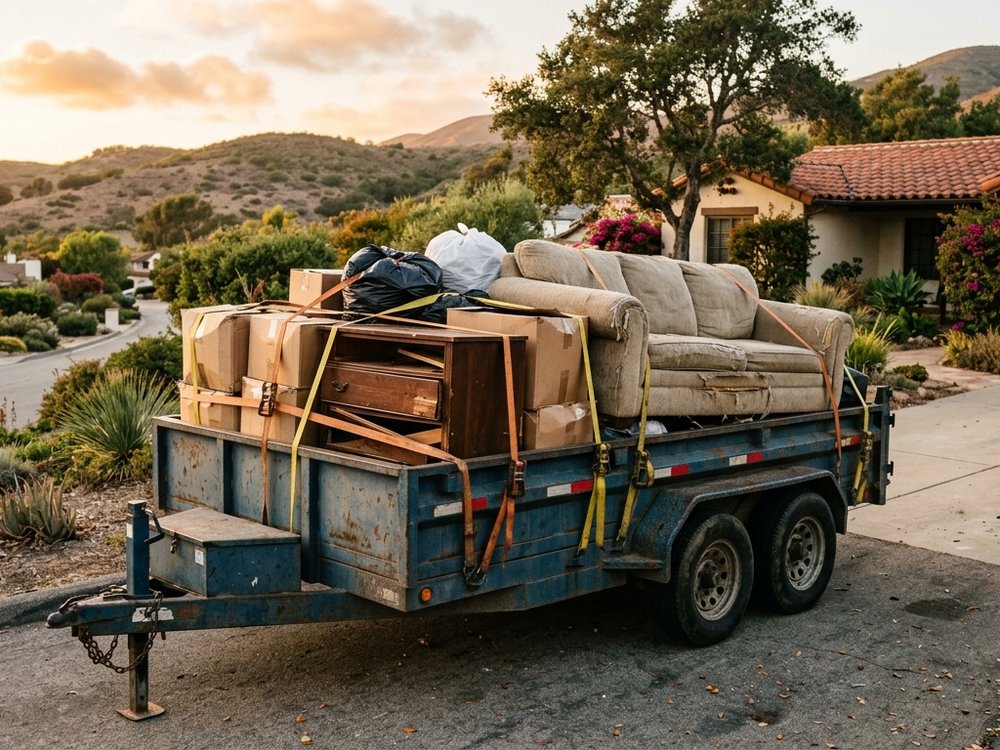 Utility trailer loaded with an old couch, dresser, boxes and trash bags parked in a residential driveway at sunset
