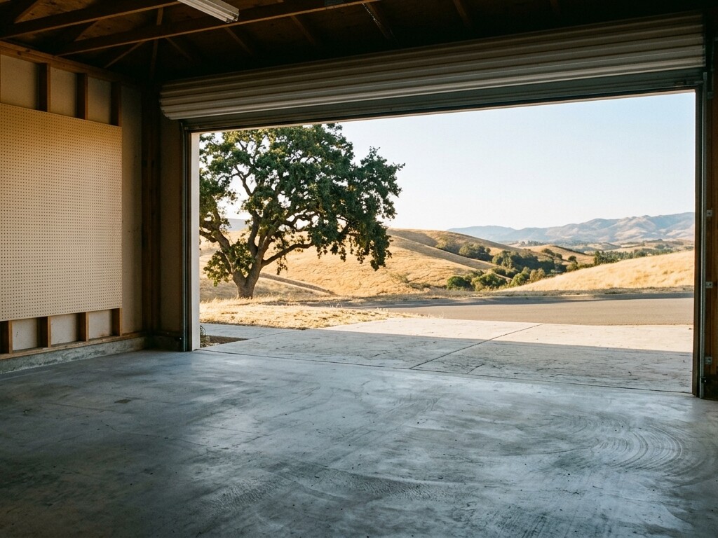 Illustration: an empty swept garage with the roll-up door open onto an oak tree and dry golden hills