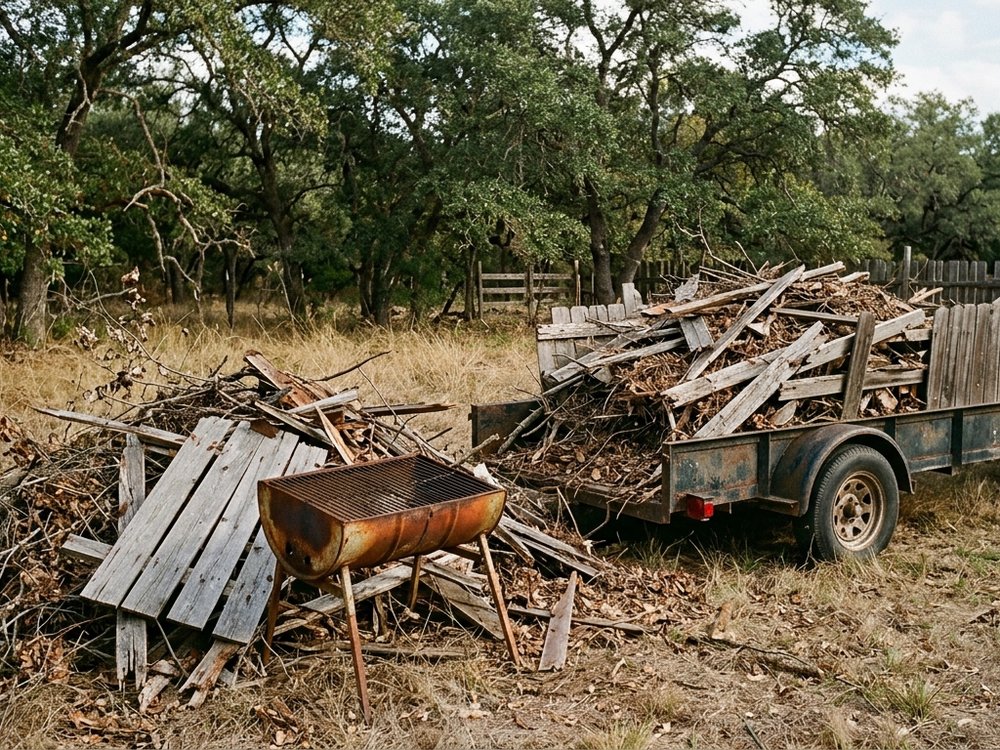 Trailer piled with brush and old fence boards next to a debris pile and a rusted barrel grill on a dry grass lot
